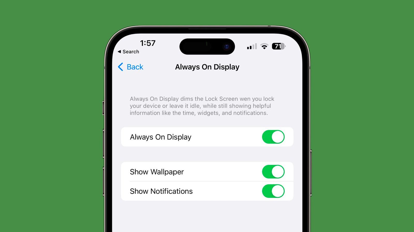 Always-on Display: Vô số điện thoại có tính năng Always-on Display, và sản phẩm này trên iPhone cũng không phải là ngoại lệ. Nhờ tính năng này, màn hình điện thoại của bạn sẽ hiển thị thông tin cần thiết ngay cả khi màn hình đã tắt hoàn toàn. Điều này giúp tiết kiệm pin và tiện lợi hơn cho bạn. Hãy xem hình ảnh liên quan để biết thêm chi tiết.
